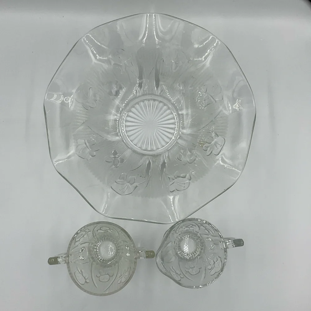 Vintage Jeannette Iris and Herringbone Serving Bowl, Creamer & Open Sugar Set